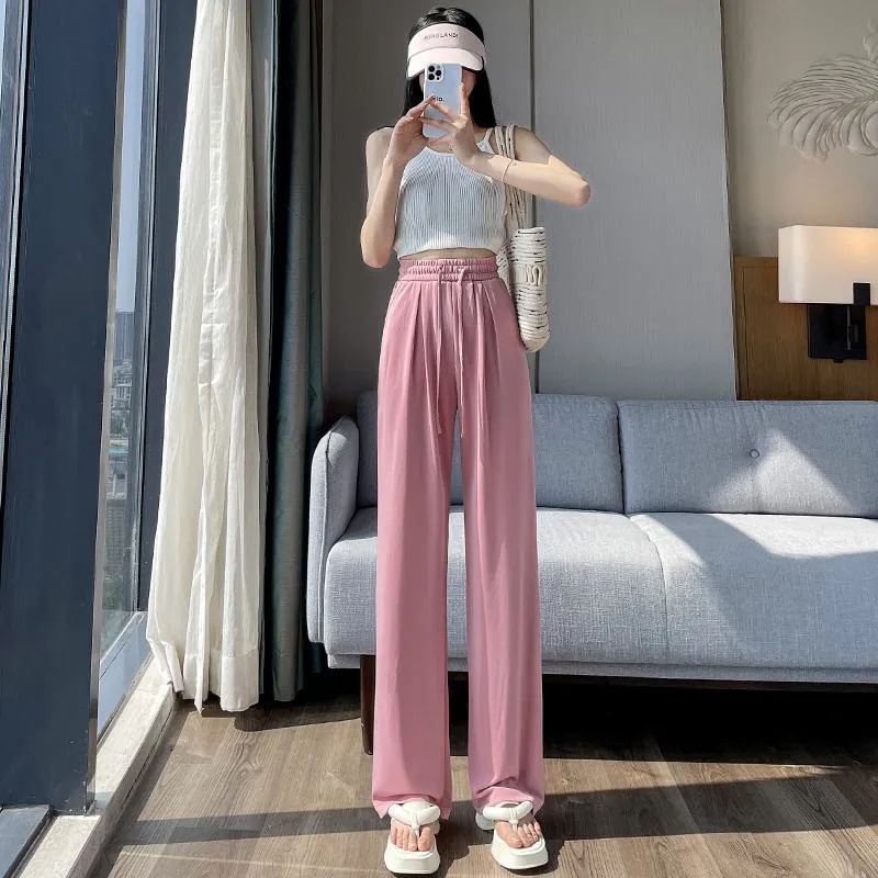 Thin High-Waisted Draping Straight Leg Silky Pants
