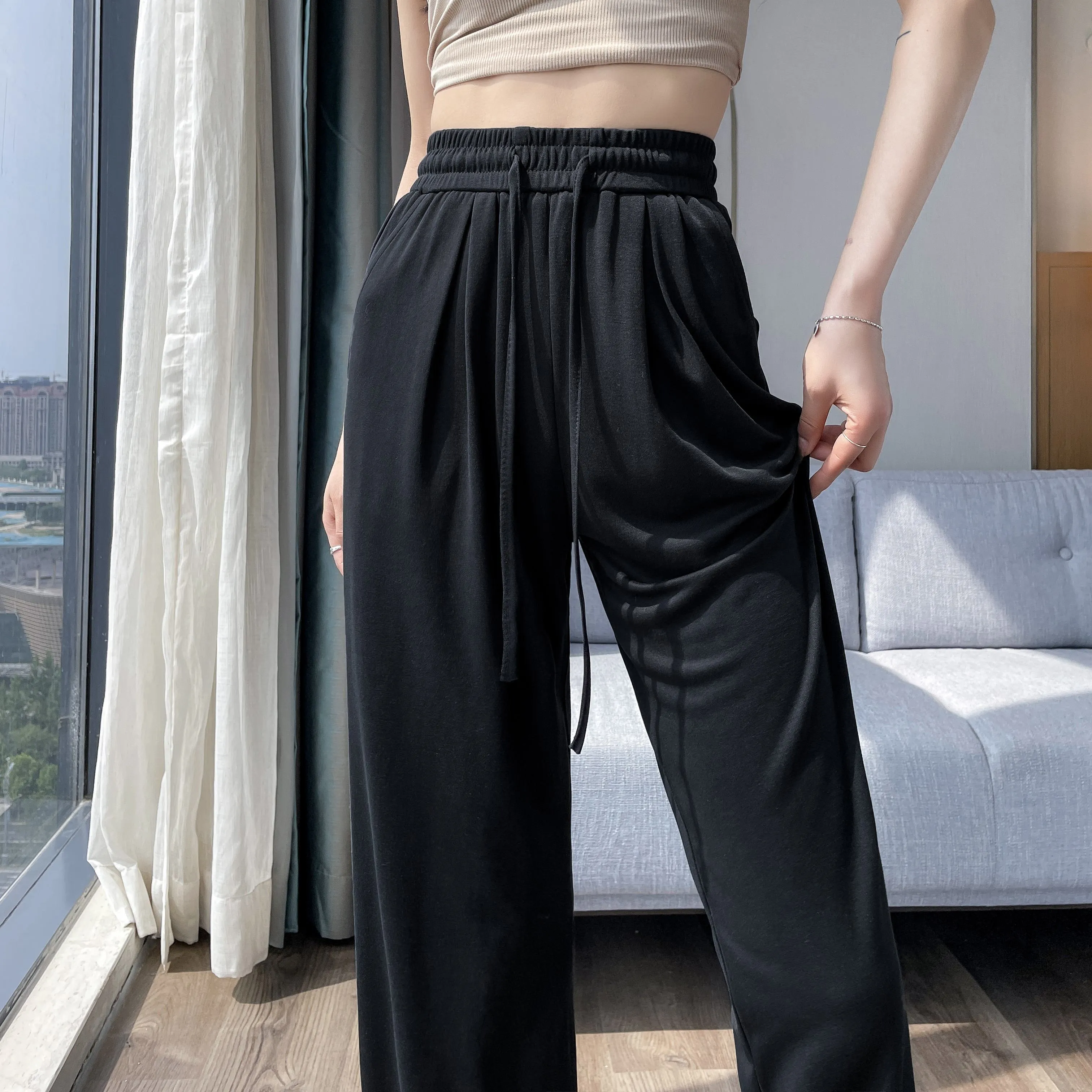 Thin High-Waisted Draping Straight Leg Silky Pants