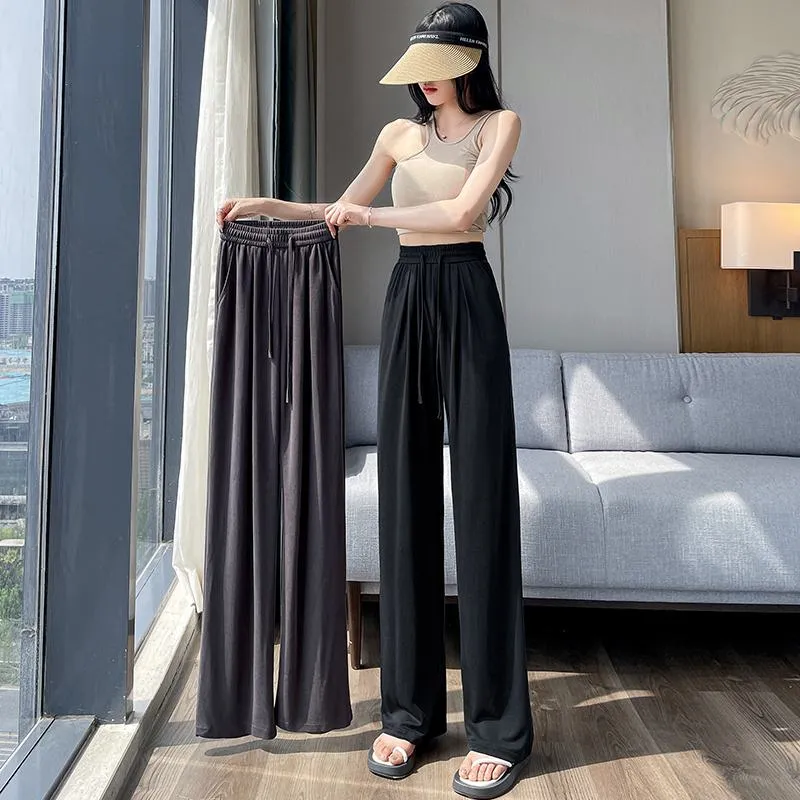 Thin High-Waisted Draping Straight Leg Silky Pants