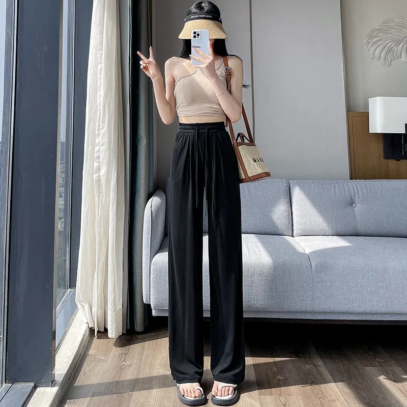 Thin High-Waisted Draping Straight Leg Silky Pants