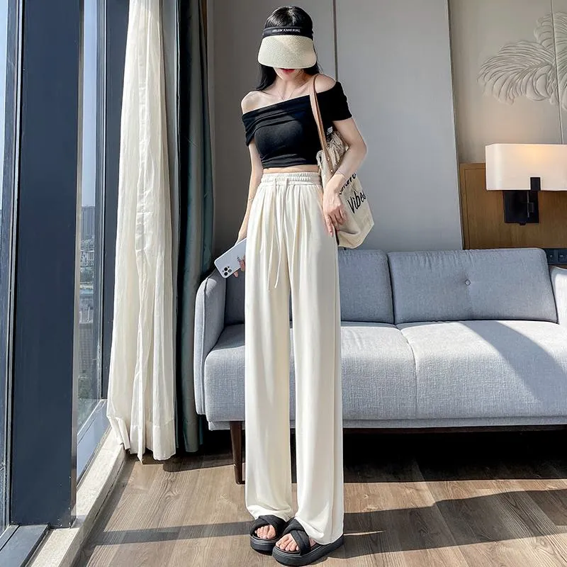 Thin High-Waisted Draping Straight Leg Silky Pants