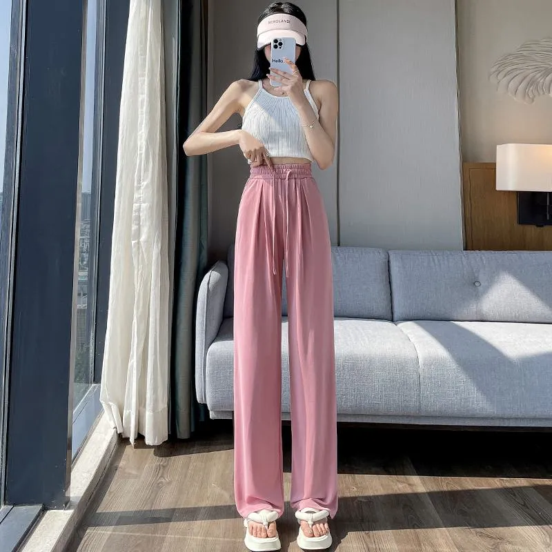 Thin High-Waisted Draping Straight Leg Silky Pants