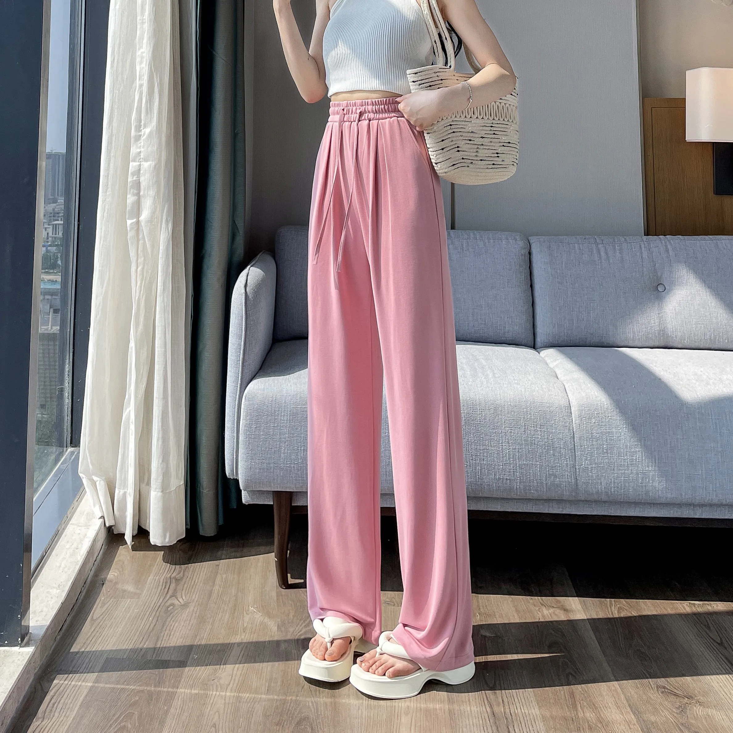 Thin High-Waisted Draping Straight Leg Silky Pants