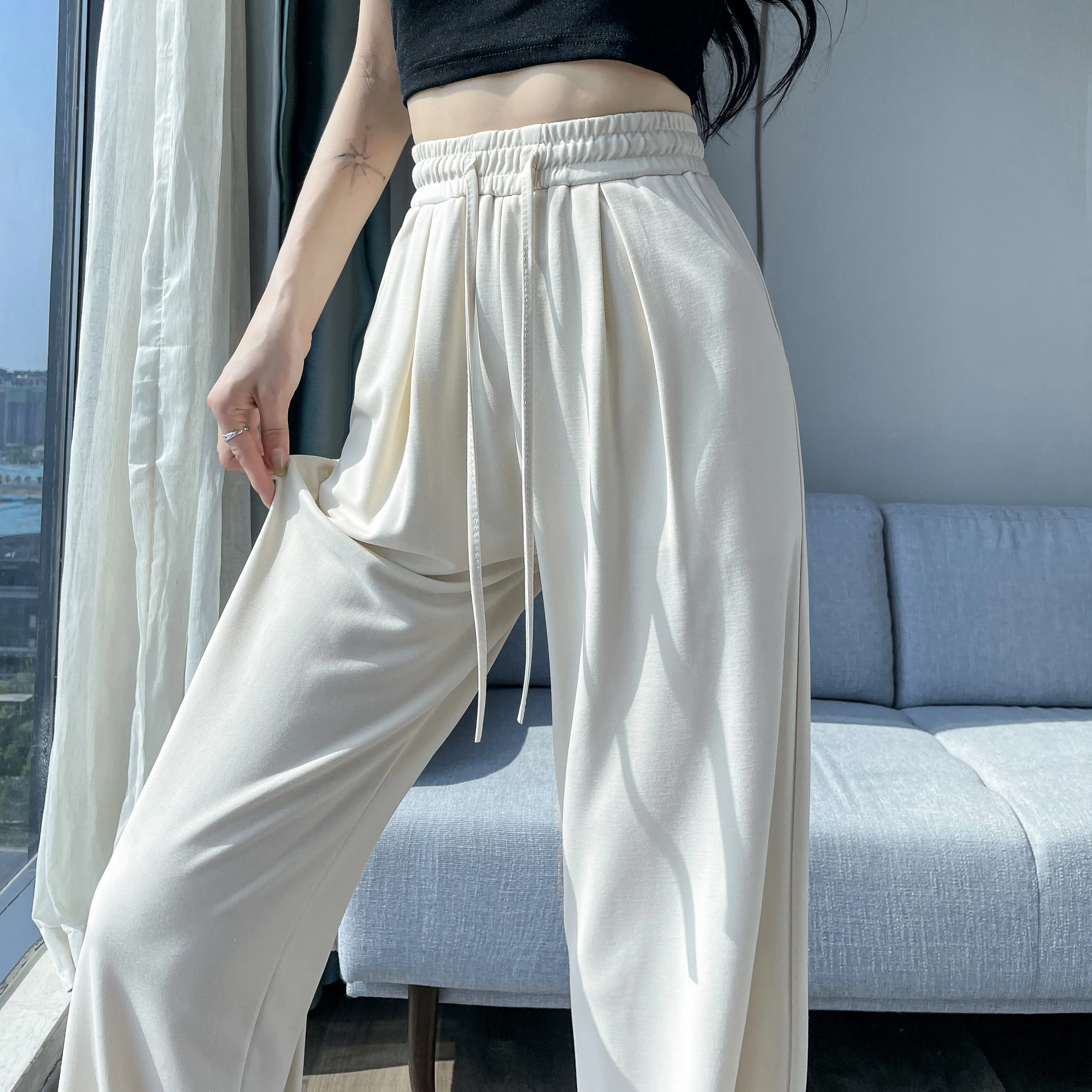 Thin High-Waisted Draping Straight Leg Silky Pants