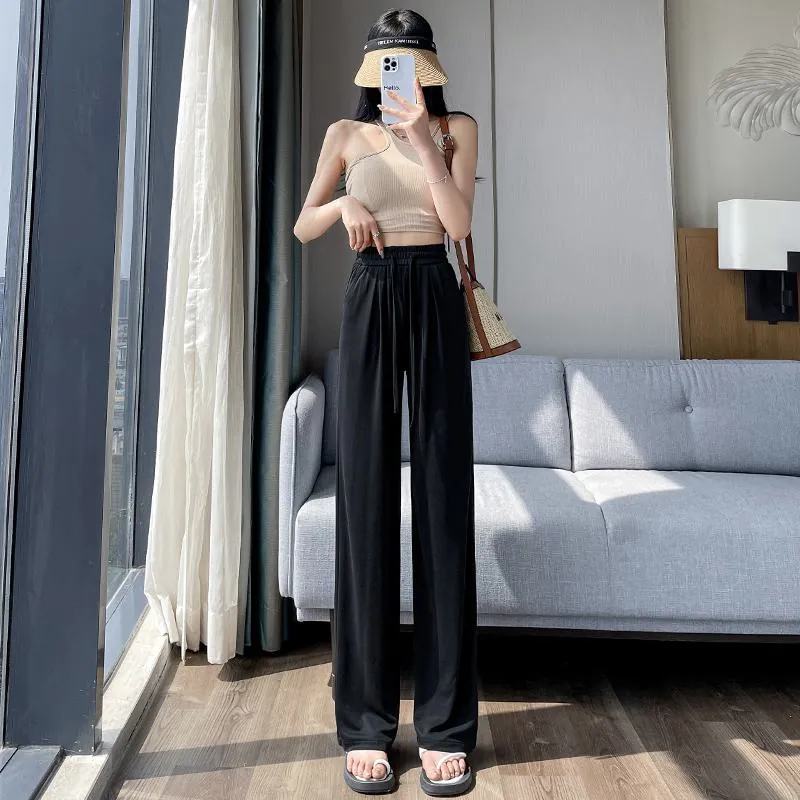 Thin High-Waisted Draping Straight Leg Silky Pants