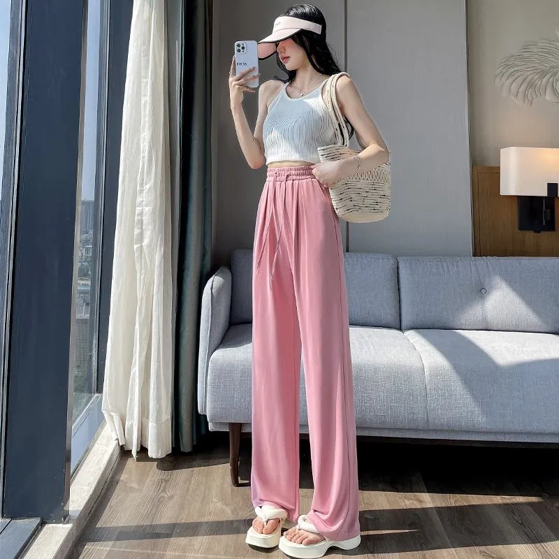 Thin High-Waisted Draping Straight Leg Silky Pants
