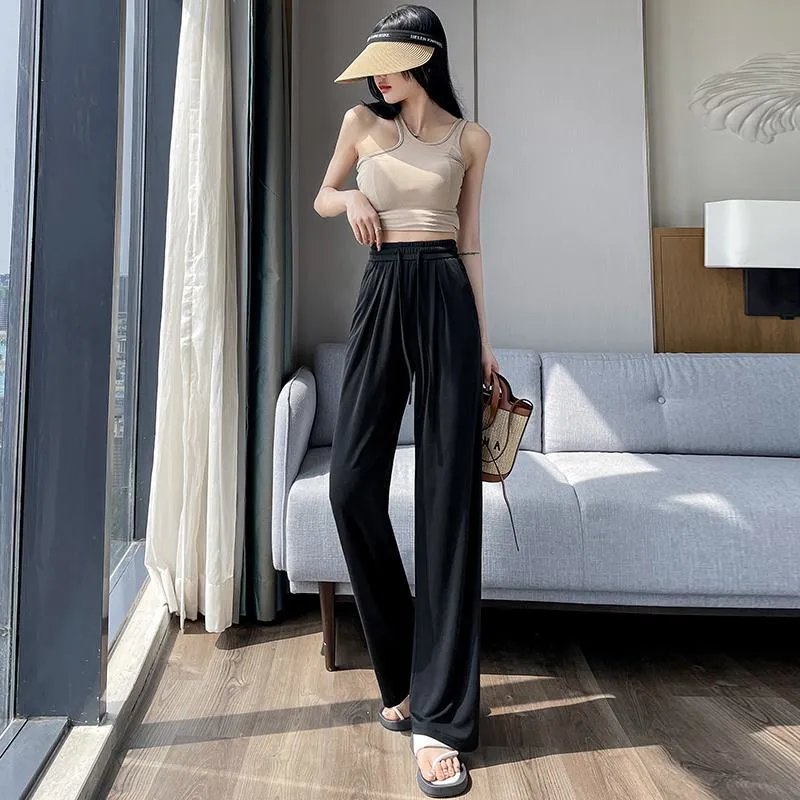 Thin High-Waisted Draping Straight Leg Silky Pants