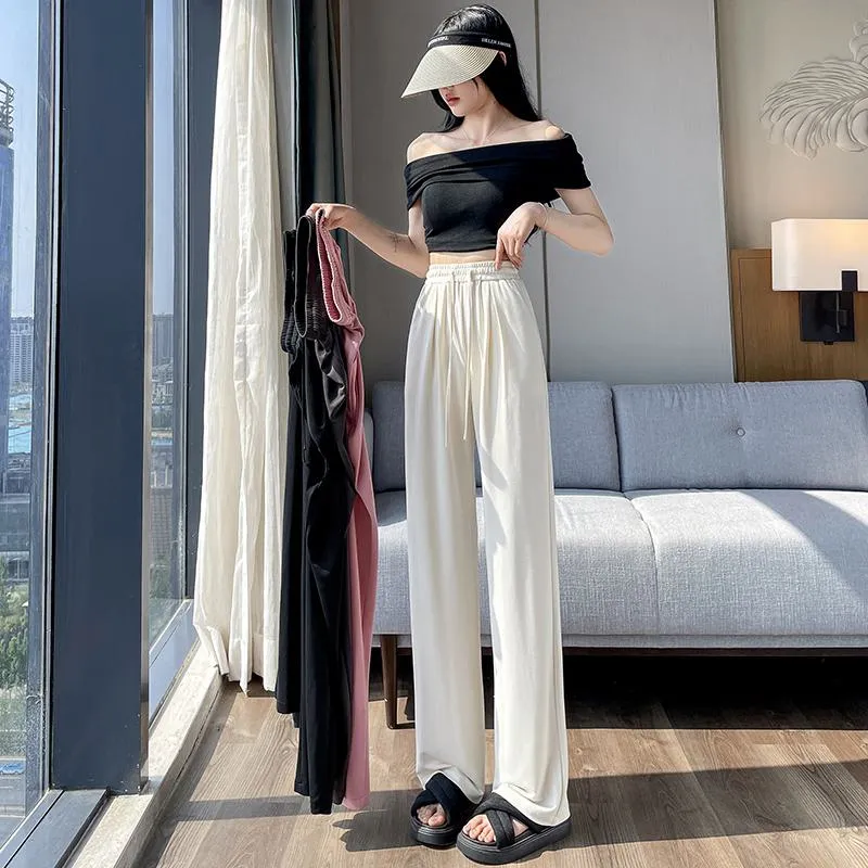 Thin High-Waisted Draping Straight Leg Silky Pants