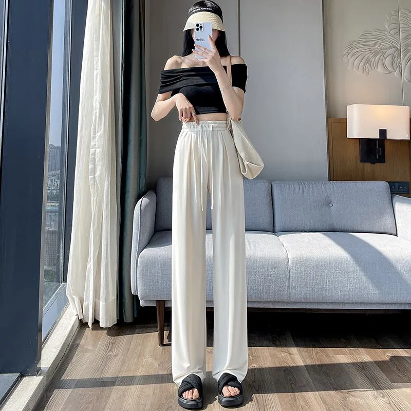 Thin High-Waisted Draping Straight Leg Silky Pants
