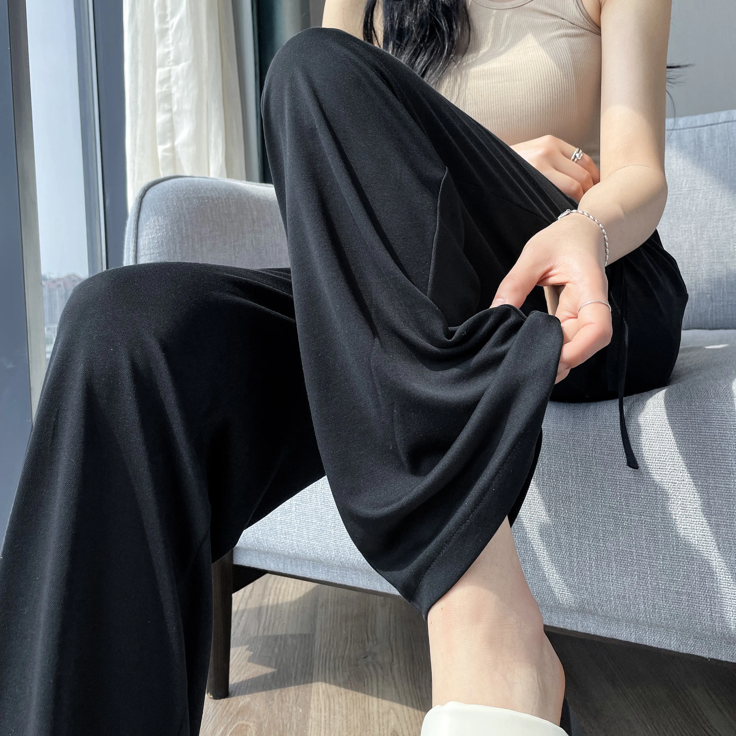 Thin High-Waisted Draping Straight Leg Silky Pants