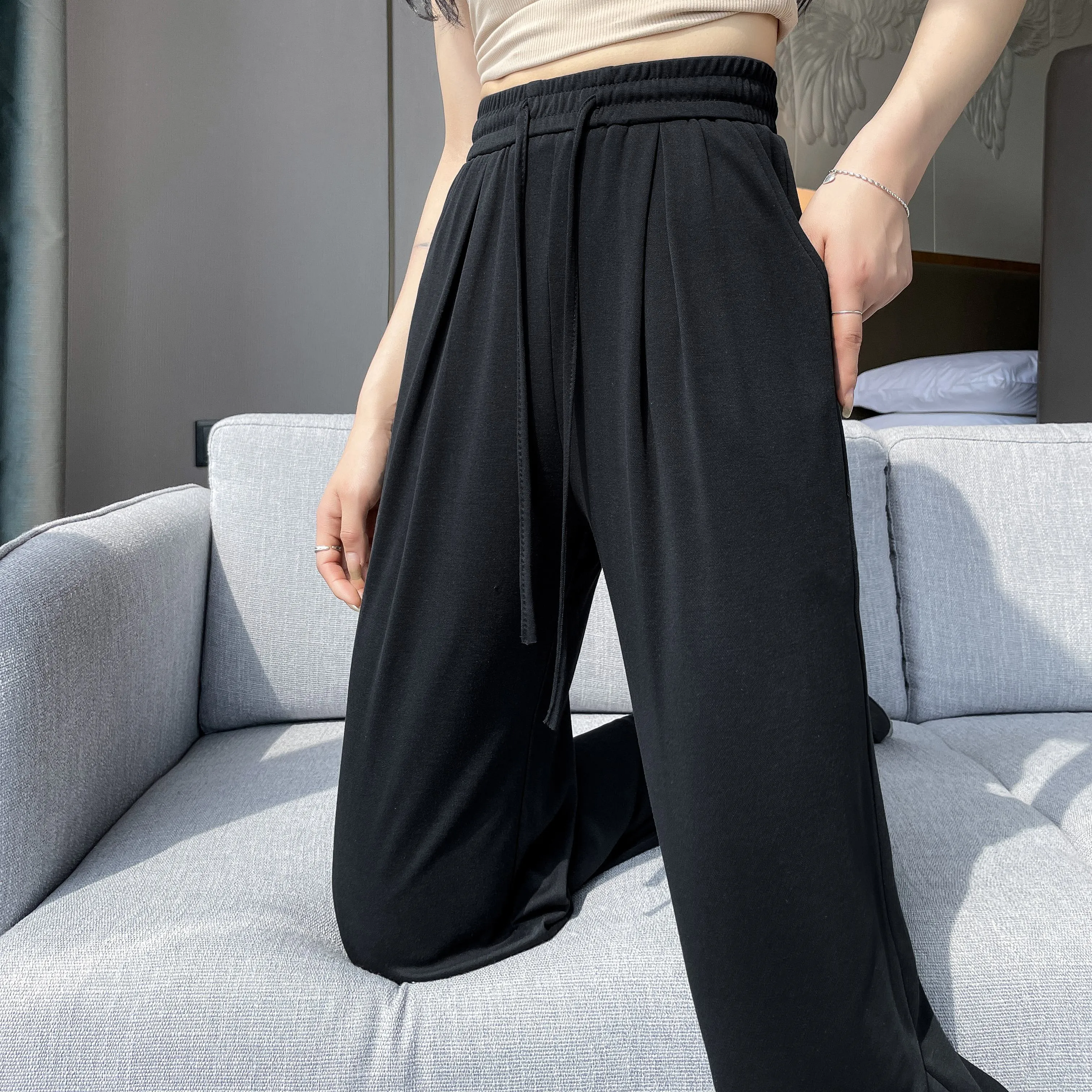 Thin High-Waisted Draping Straight Leg Silky Pants