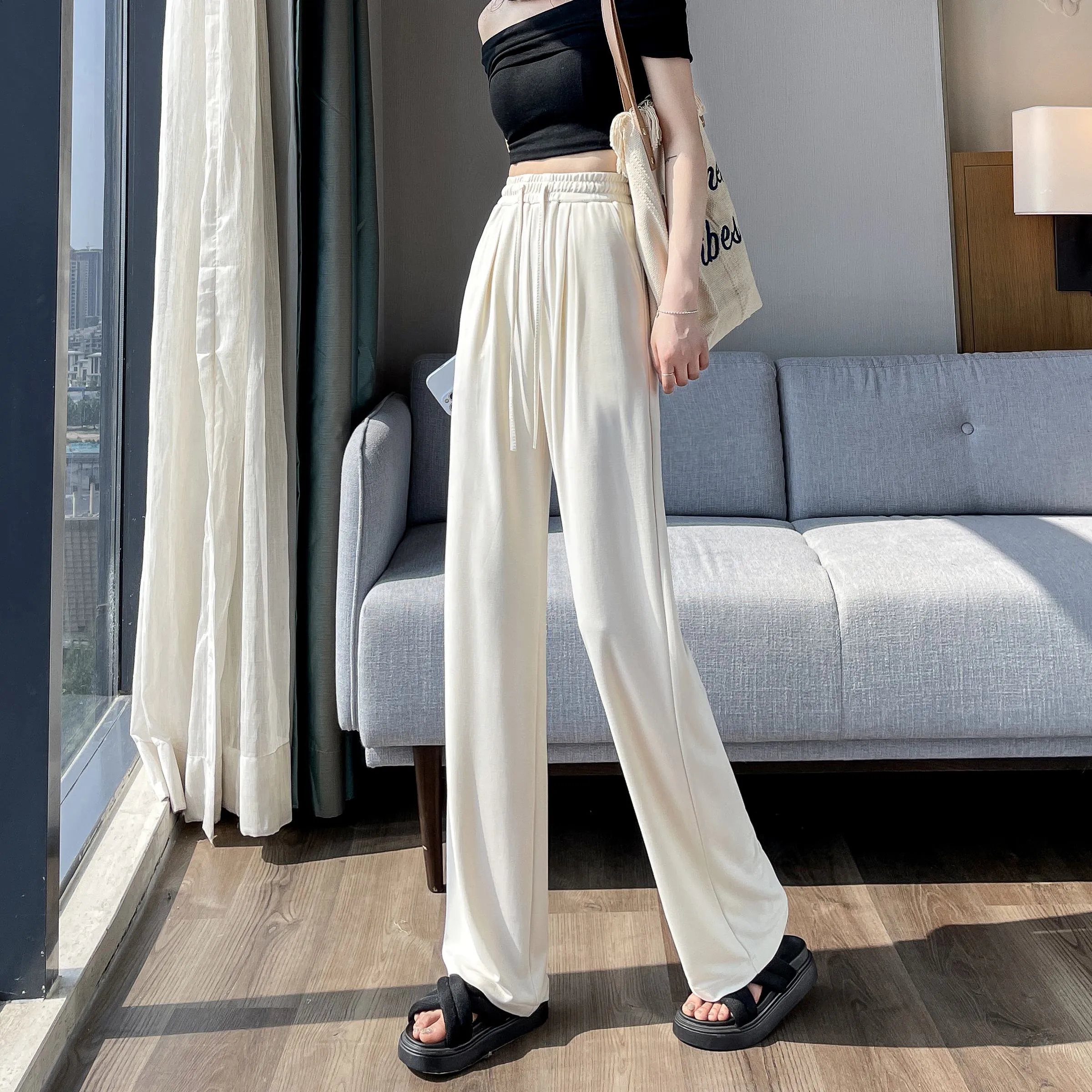 Thin High-Waisted Draping Straight Leg Silky Pants
