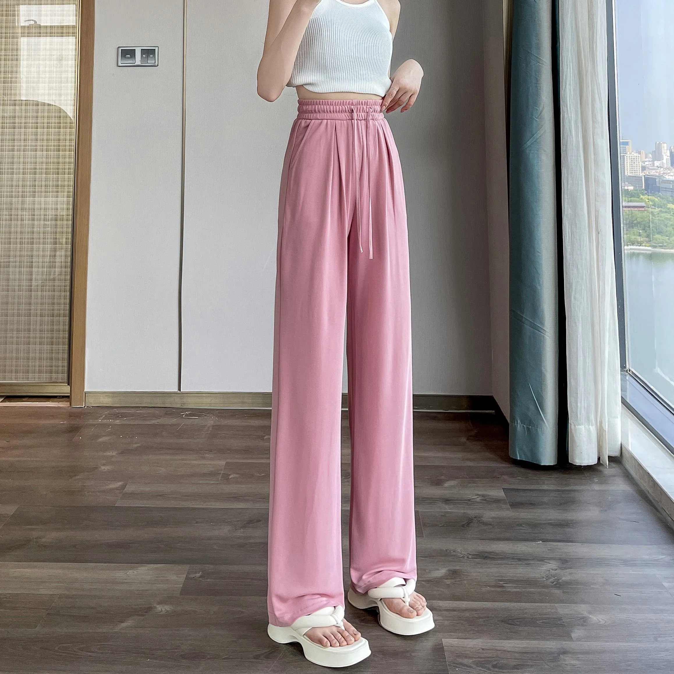 Thin High-Waisted Draping Straight Leg Silky Pants