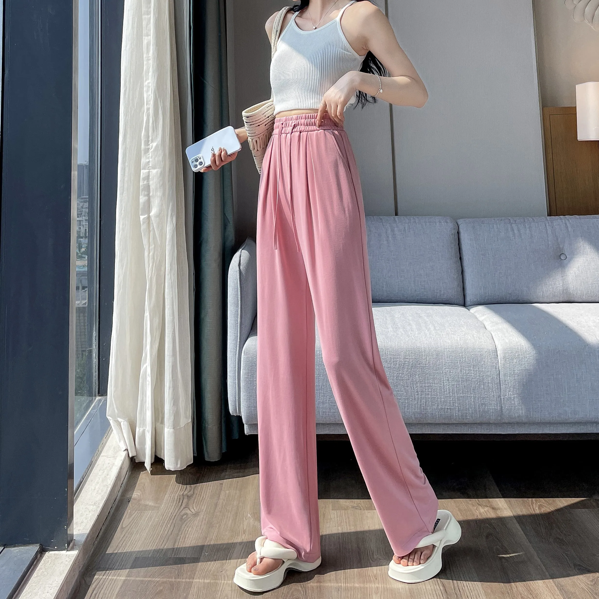 Thin High-Waisted Draping Straight Leg Silky Pants
