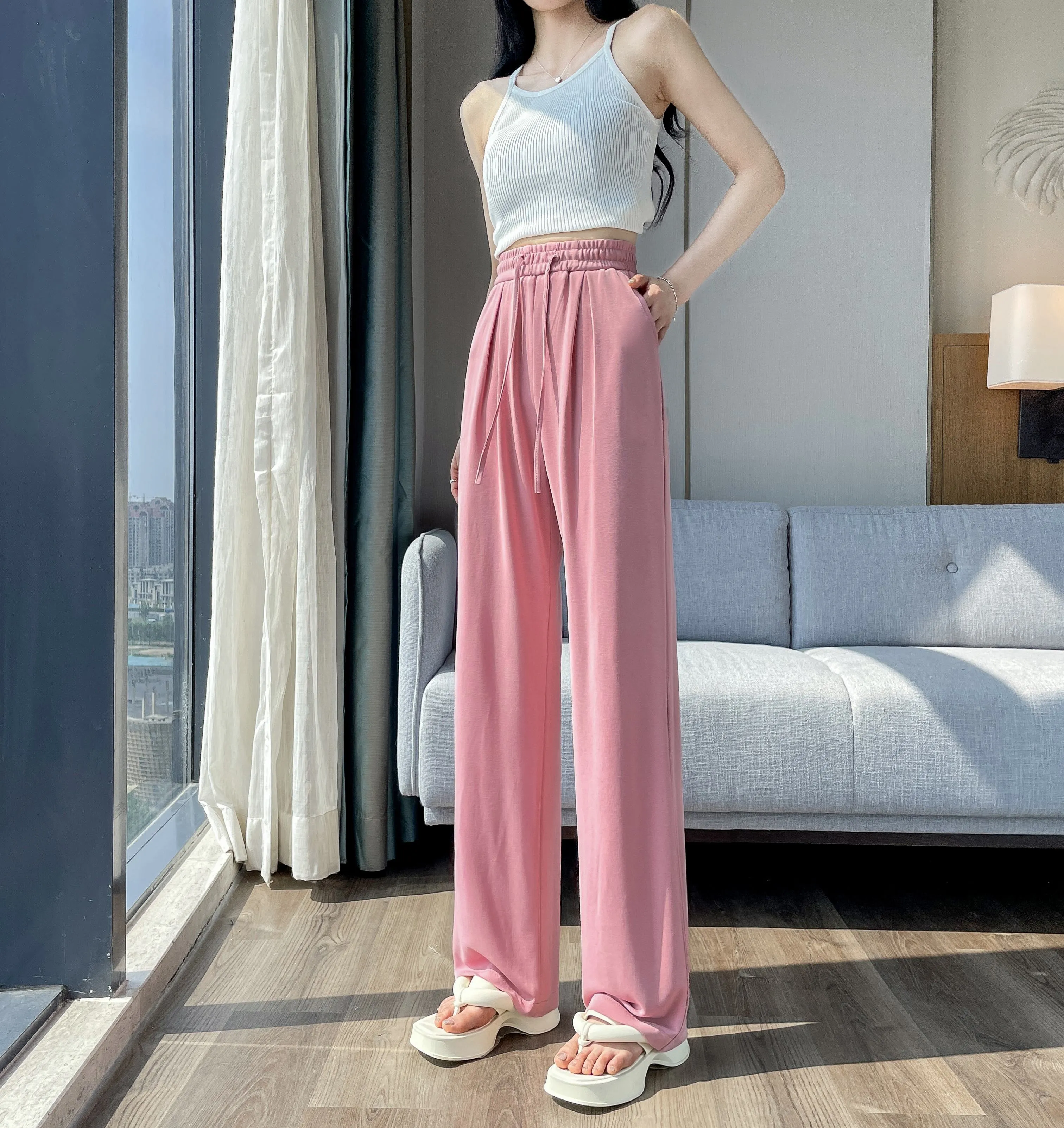 Thin High-Waisted Draping Straight Leg Silky Pants