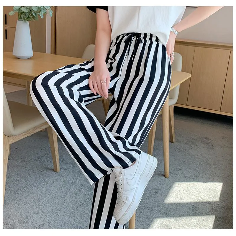 Versatile Draping Straight Floor-Length High-Waisted Stripe Wide-Leg Pants