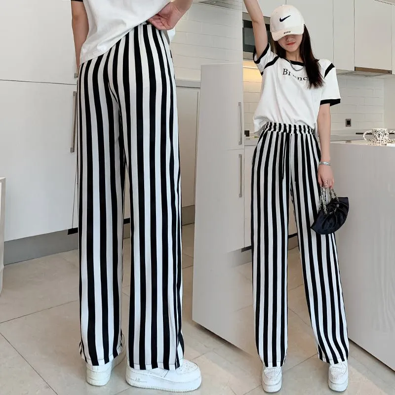Versatile Draping Straight Floor-Length High-Waisted Stripe Wide-Leg Pants