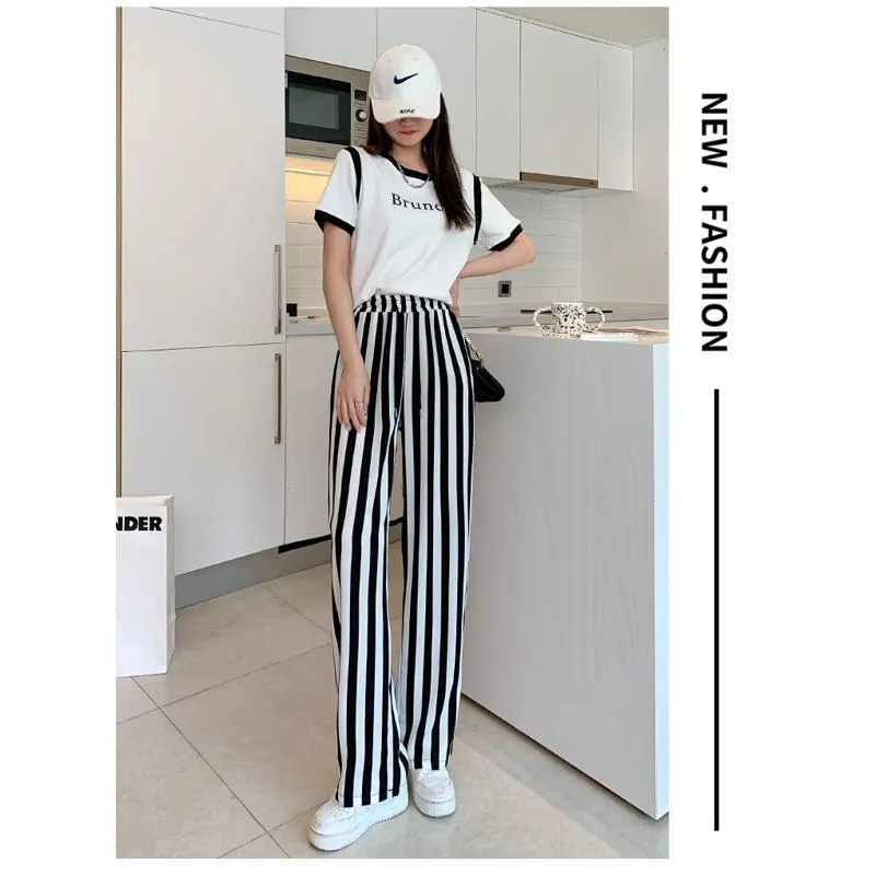 Versatile Draping Straight Floor-Length High-Waisted Stripe Wide-Leg Pants