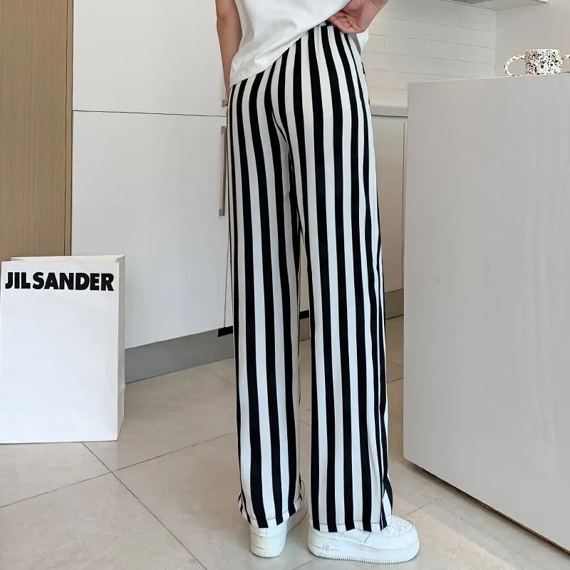 Versatile Draping Straight Floor-Length High-Waisted Stripe Wide-Leg Pants
