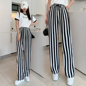 Versatile Draping Straight Floor-Length High-Waisted Stripe Wide-Leg Pants