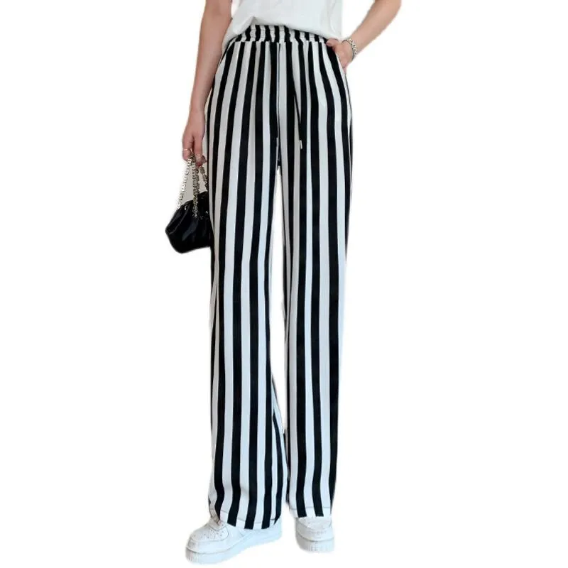 Versatile Draping Straight Floor-Length High-Waisted Stripe Wide-Leg Pants
