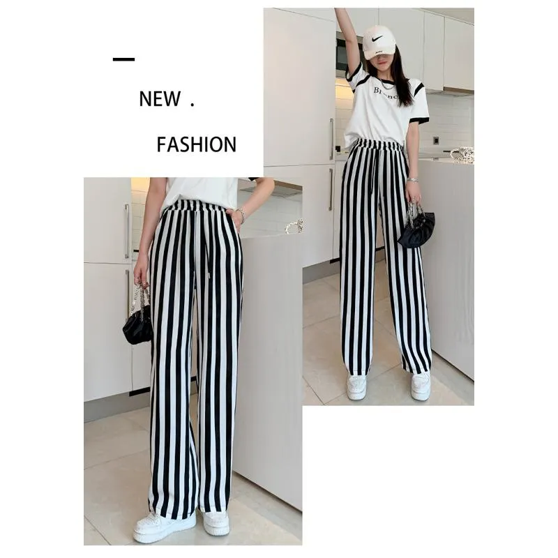 Versatile Draping Straight Floor-Length High-Waisted Stripe Wide-Leg Pants