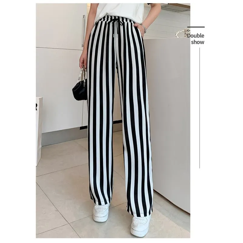 Versatile Draping Straight Floor-Length High-Waisted Stripe Wide-Leg Pants