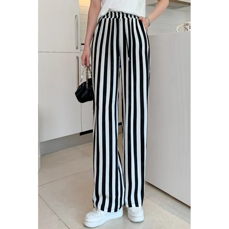 Versatile Draping Straight Floor-Length High-Waisted Stripe Wide-Leg Pants