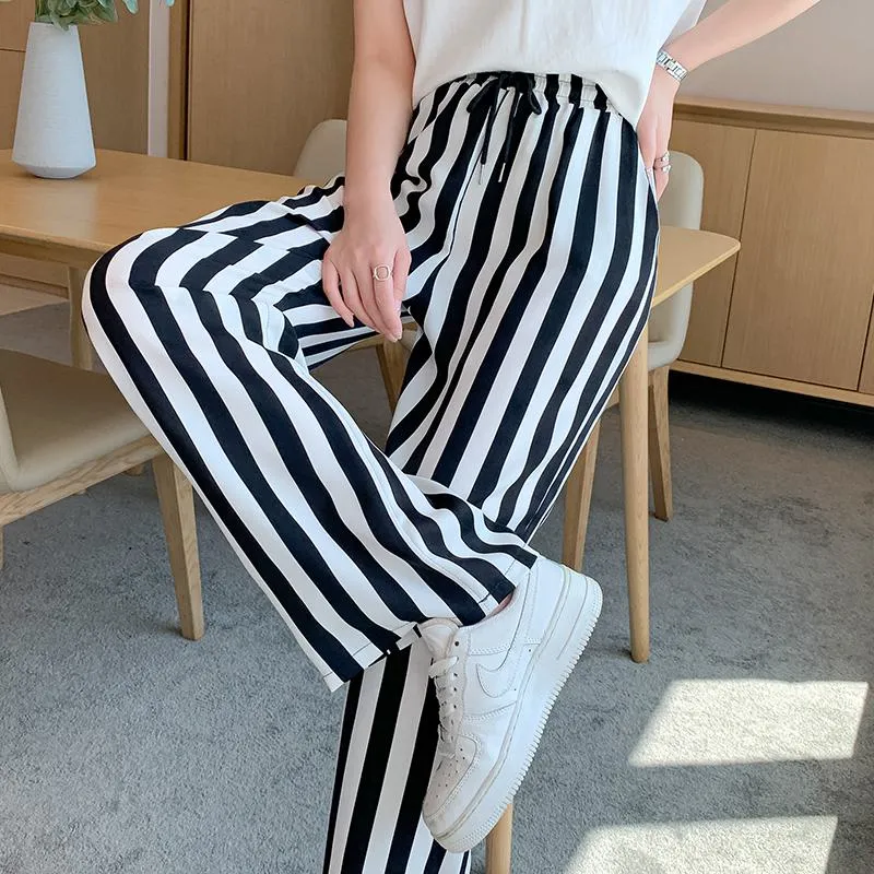Versatile Draping Straight Floor-Length High-Waisted Stripe Wide-Leg Pants