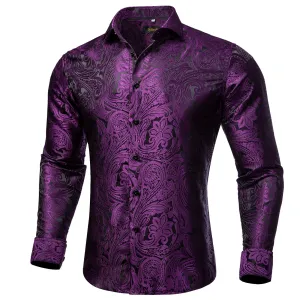 Wiaofellas - Luxury Silk Polyester Casual Shirts for Men Long Sleeve Blouse Prom Tuxedo Formal Purple Paisley Designer Men Clothing
