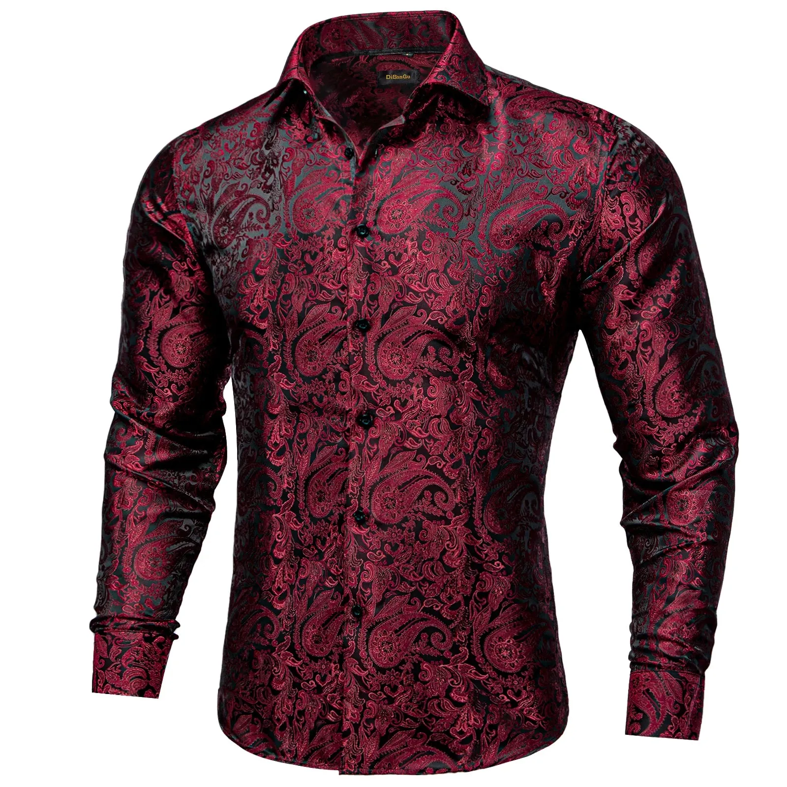 Wiaofellas - Luxury Silk Polyester Casual Shirts for Men Long Sleeve Blouse Prom Tuxedo Formal Purple Paisley Designer Men Clothing