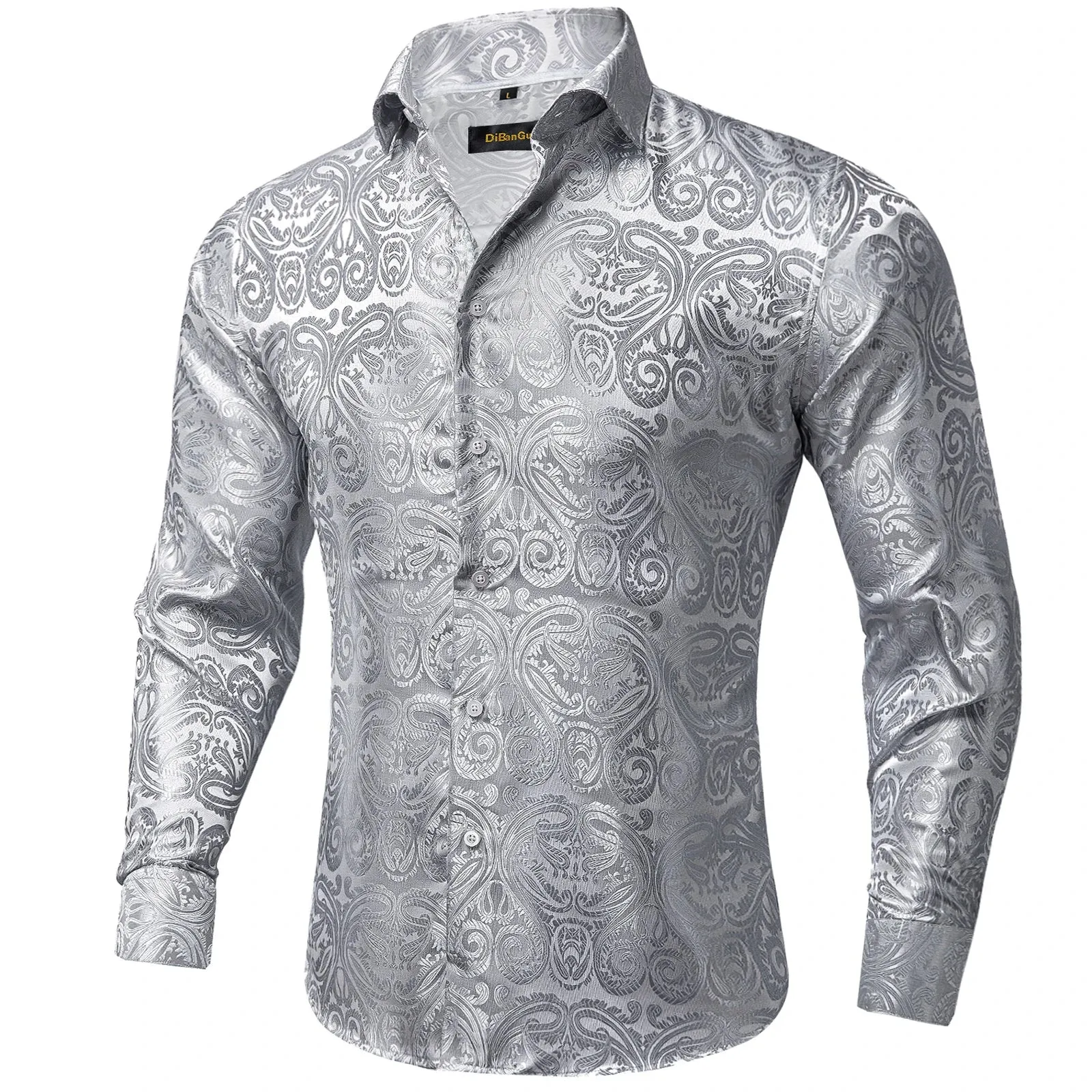 Wiaofellas - Luxury Silk Polyester Casual Shirts for Men Long Sleeve Blouse Prom Tuxedo Formal Purple Paisley Designer Men Clothing