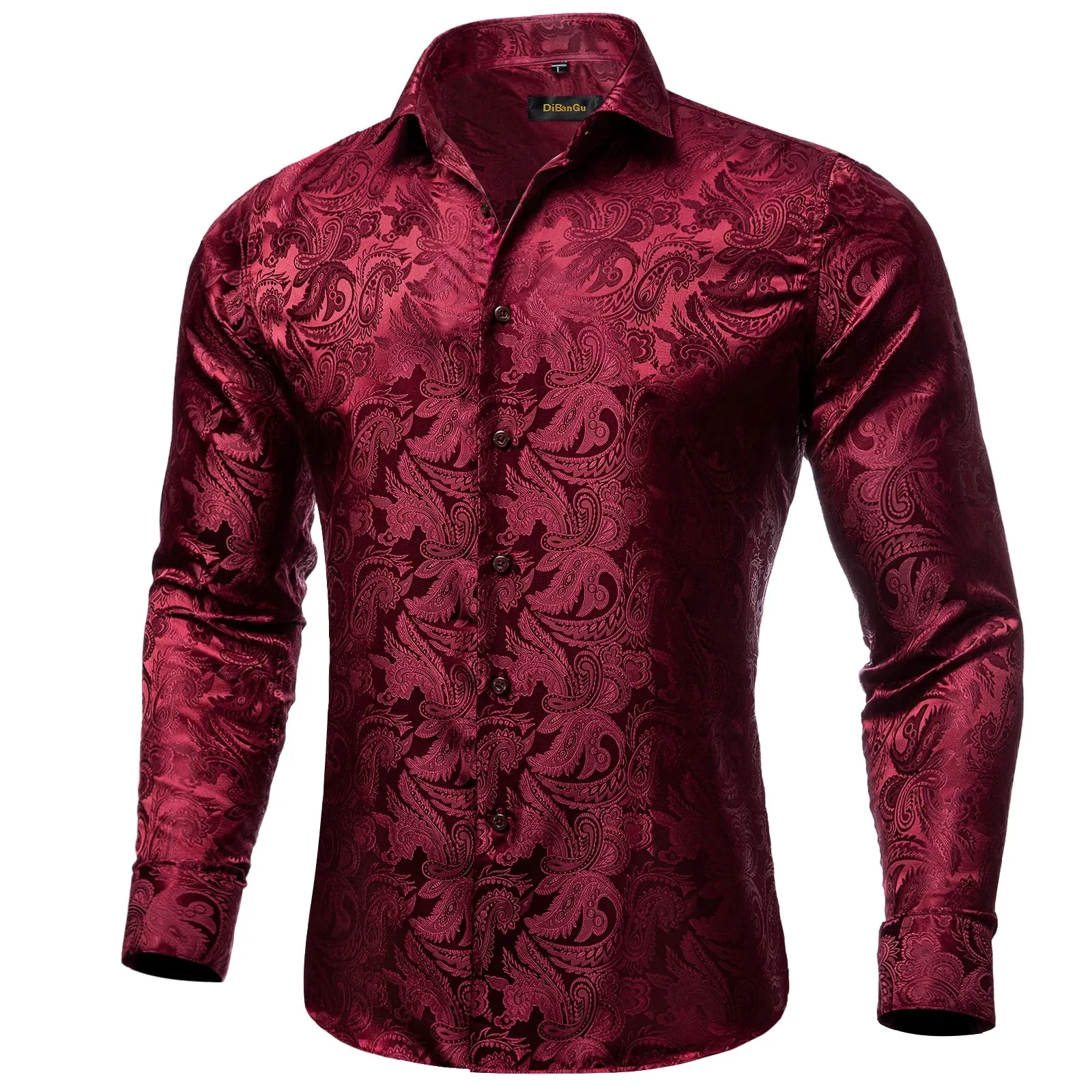 Wiaofellas - Luxury Silk Polyester Casual Shirts for Men Long Sleeve Blouse Prom Tuxedo Formal Purple Paisley Designer Men Clothing