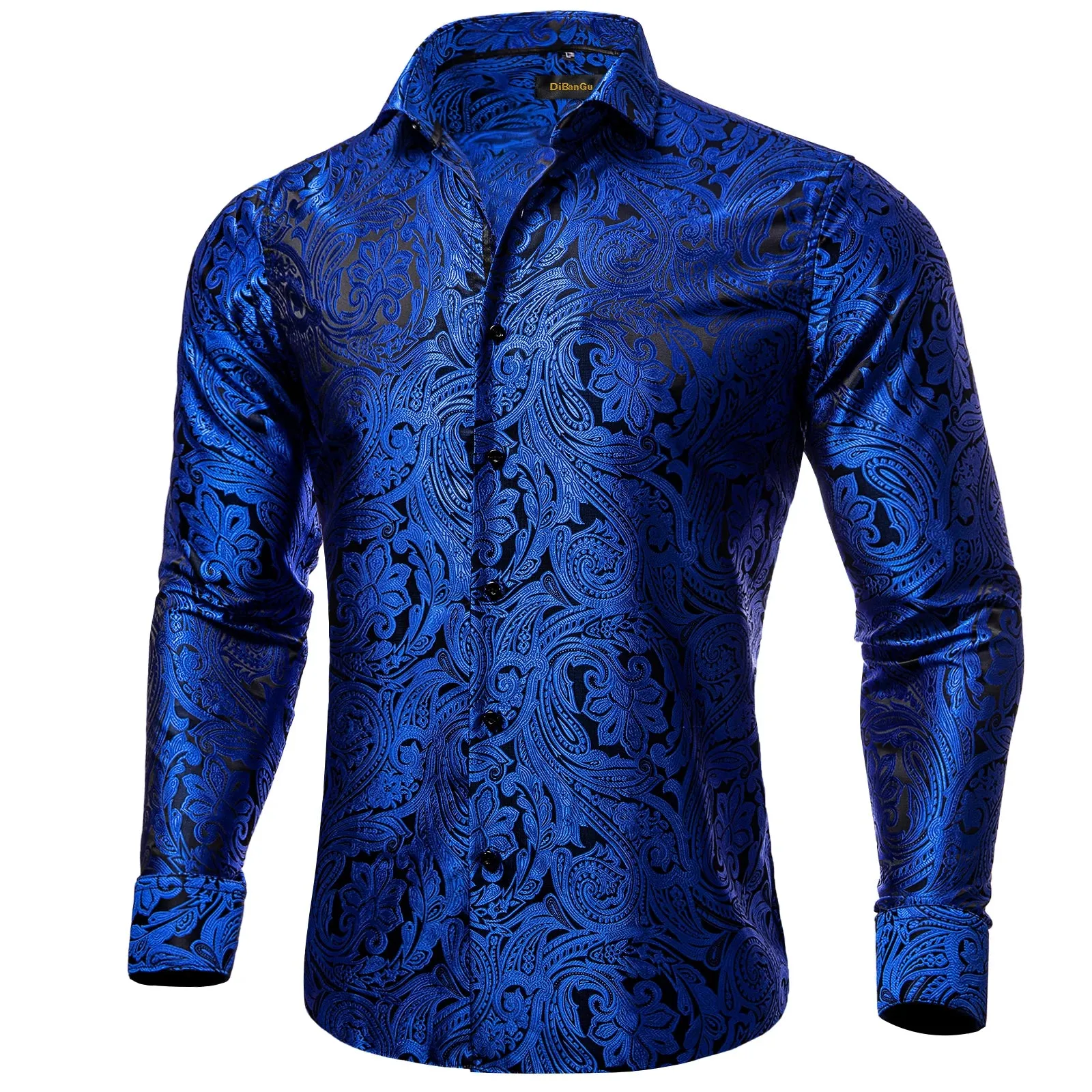 Wiaofellas - Luxury Silk Polyester Casual Shirts for Men Long Sleeve Blouse Prom Tuxedo Formal Purple Paisley Designer Men Clothing