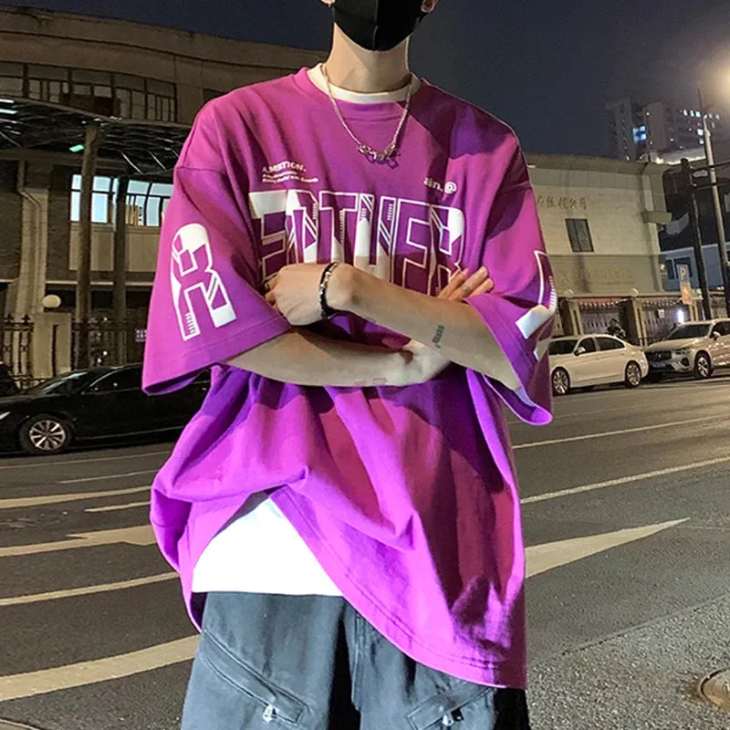 Wiaofellas  -  Patchwork Foam Letter Print Short Sleeve T-shirt Men Women O Neck Streetwear Cotton Tops Summer Harajuku Loose Casual Tshirt Men