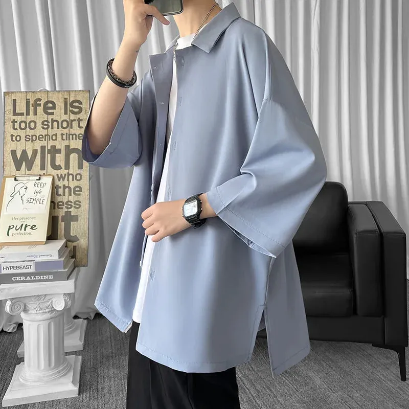 Wiaofellas  -  Solid Color Oversized Men's Shirts Harajuku Men Casual Half Sleeve Shirt Tops Cool Summer Streetwear Man Blouse 6 Colors