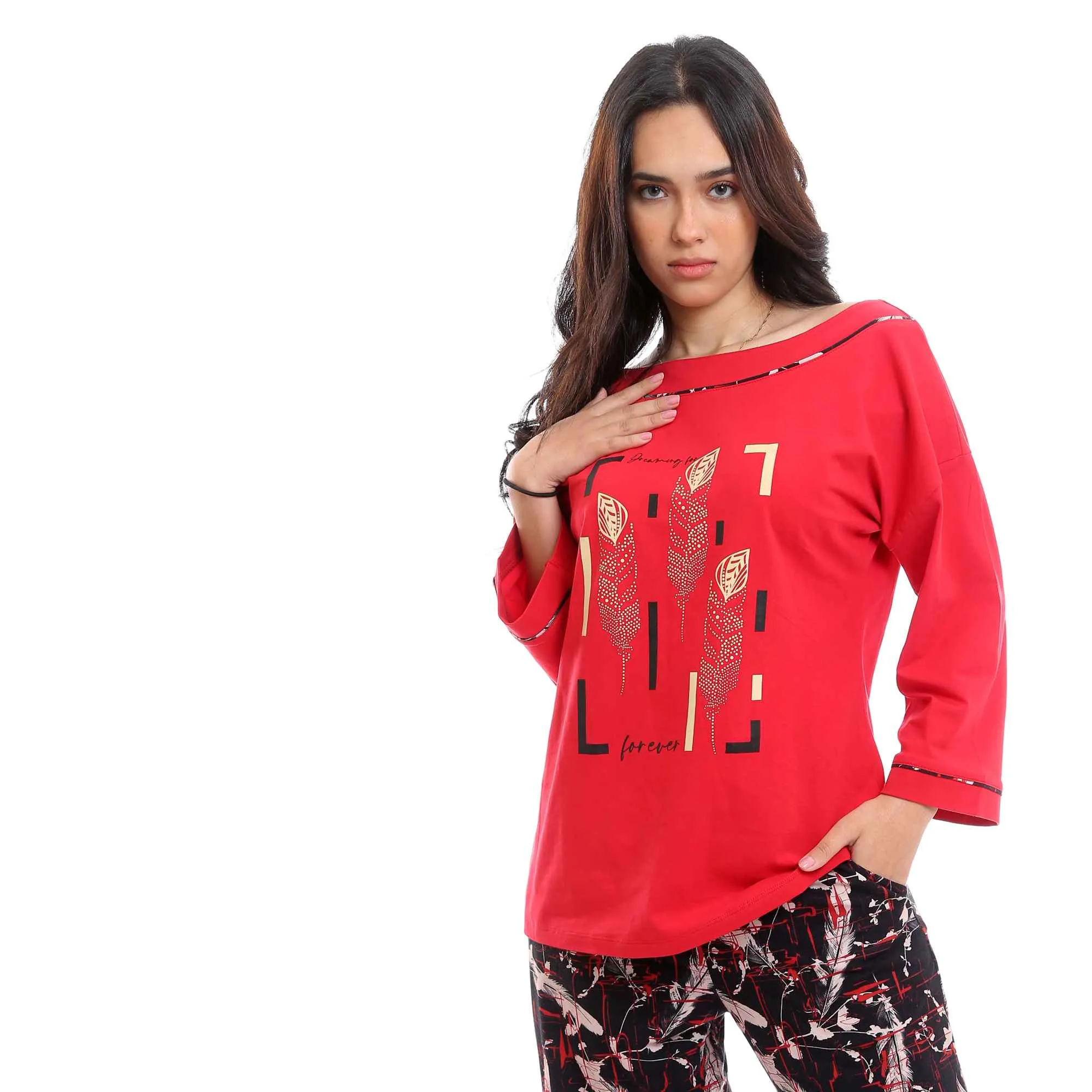 Wide Boat Neck Tee & Patterned Pants Pajama Set - Red & Black