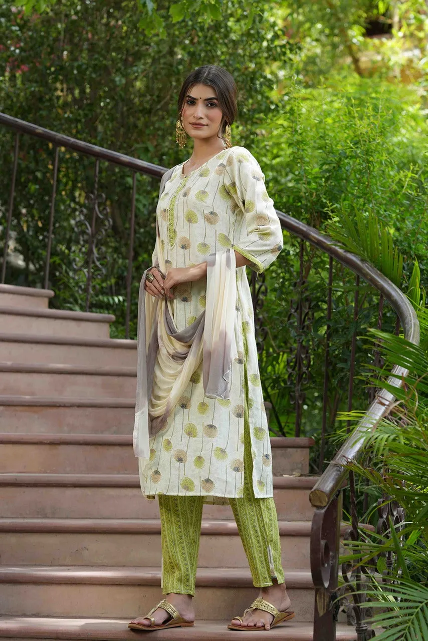 Women Green Rayon Printed Kurta Set