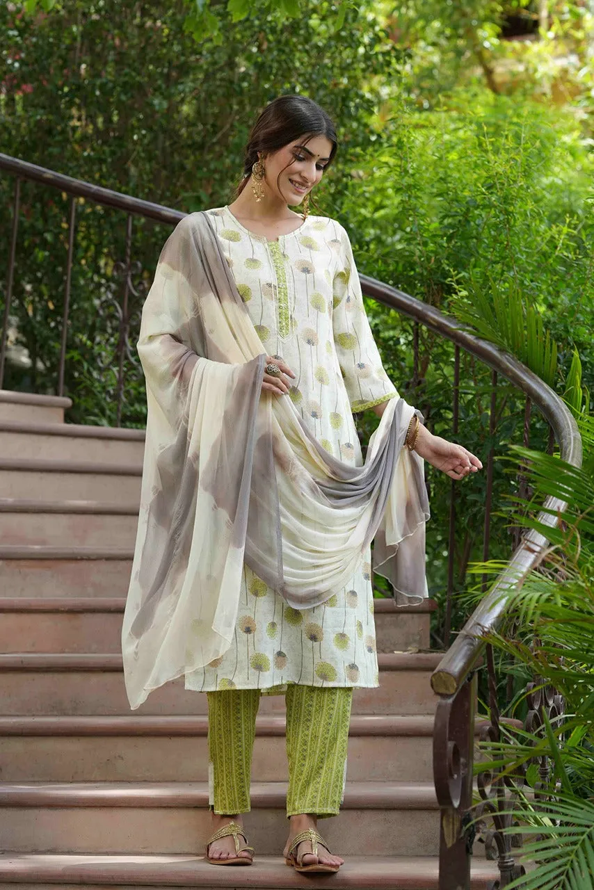 Women Green Rayon Printed Kurta Set