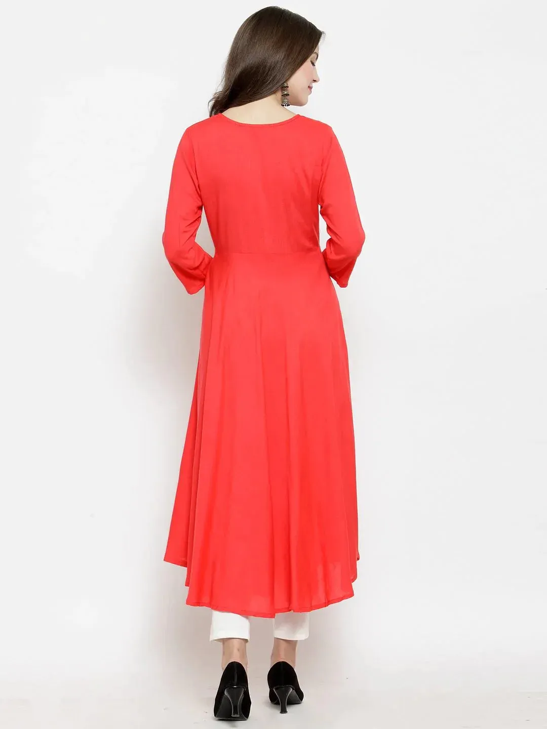 Women Peach Embroidered Flaired Kurta