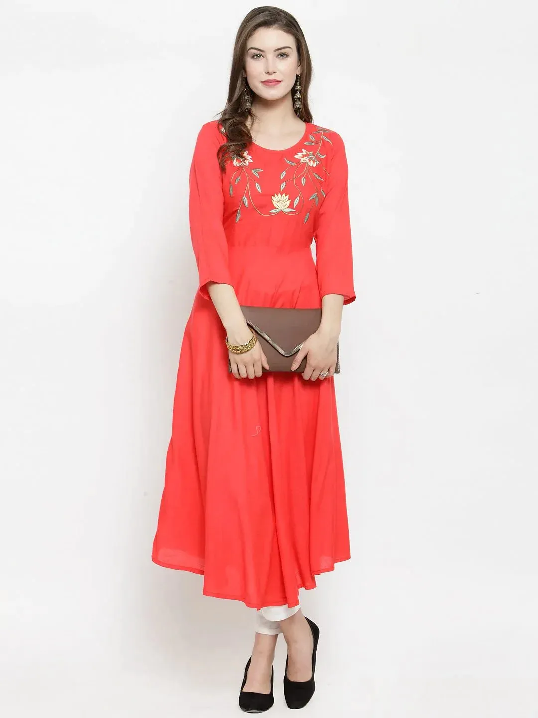 Women Peach Embroidered Flaired Kurta