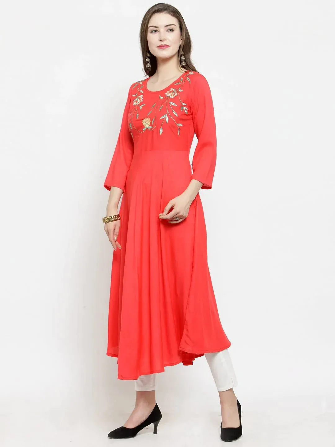Women Peach Embroidered Flaired Kurta