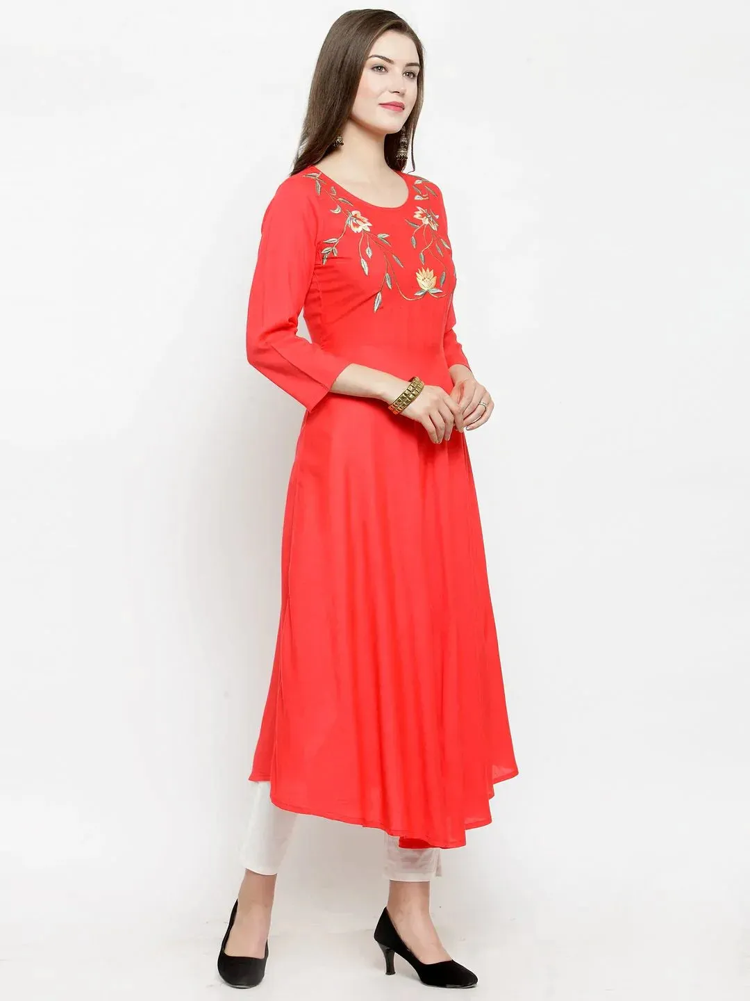 Women Peach Embroidered Flaired Kurta