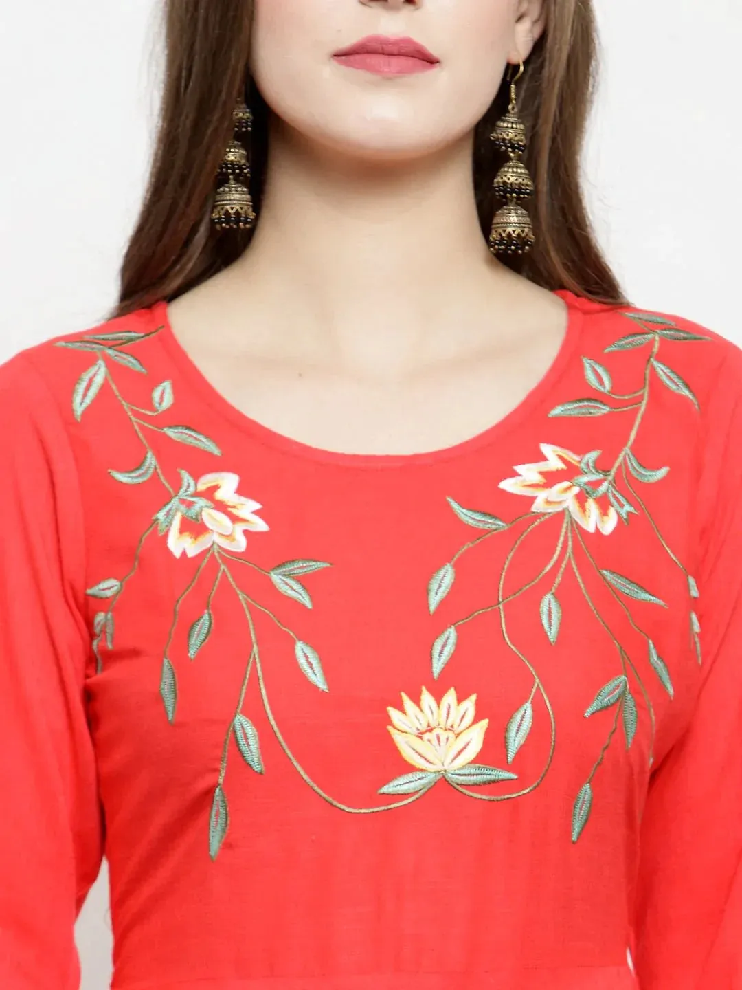 Women Peach Embroidered Flaired Kurta