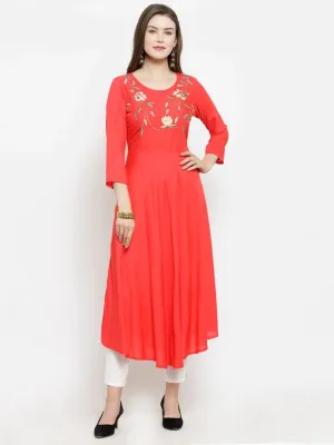 Women Peach Embroidered Flaired Kurta