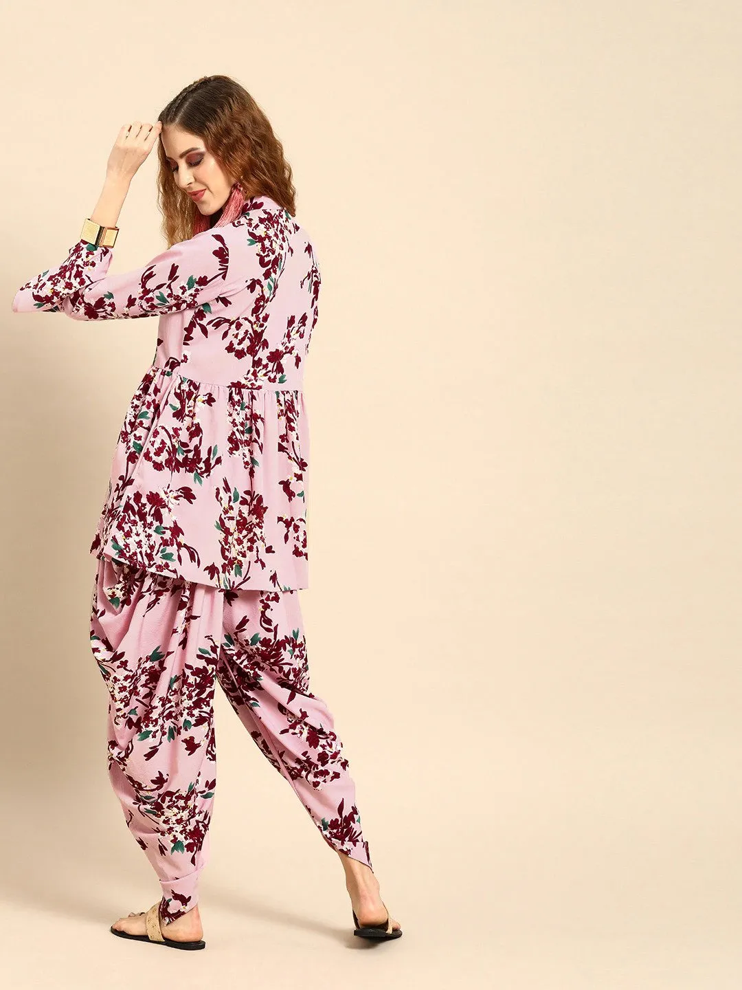 Women Pink & Maroon Printed Kurta With Dhoti Pants