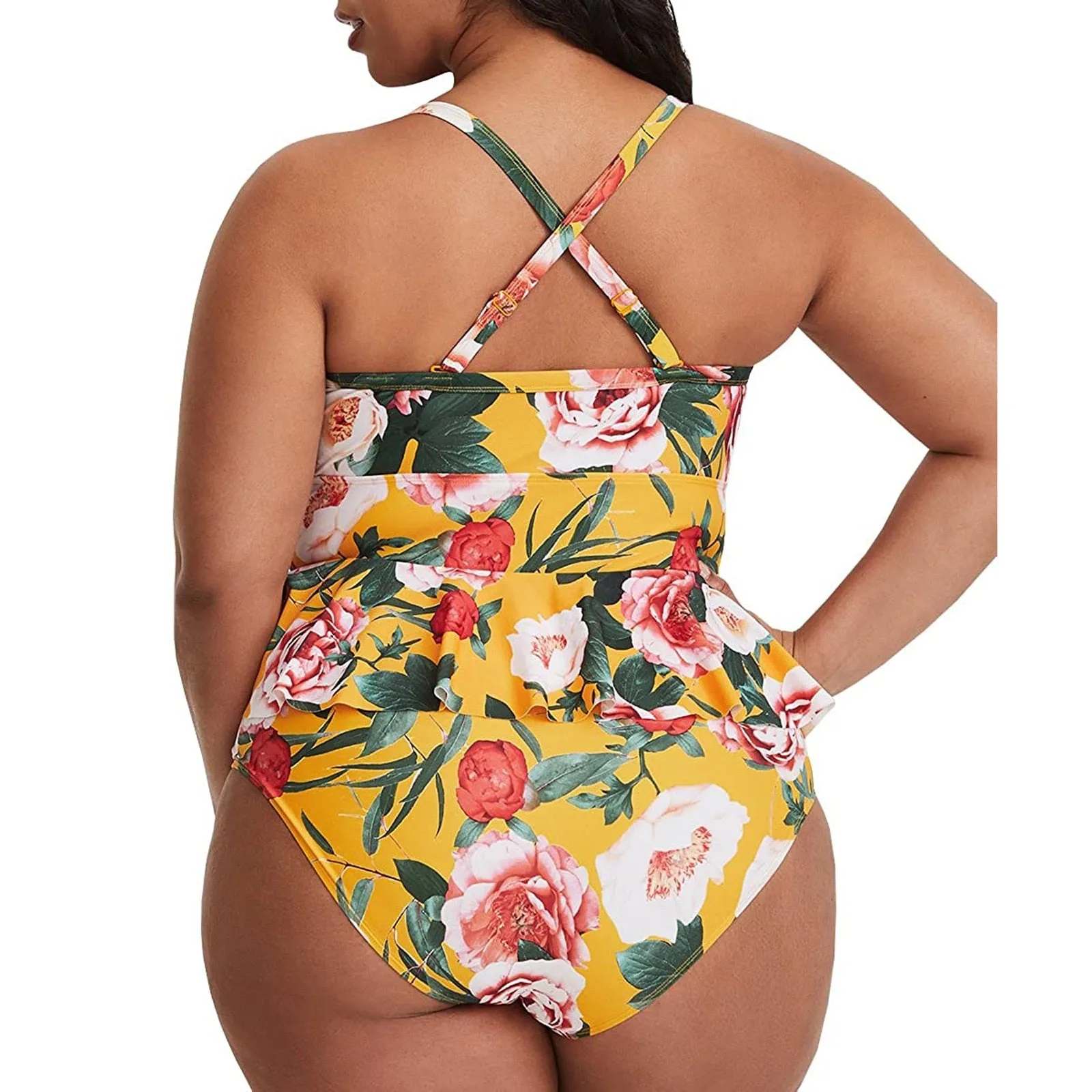 Women Plus Size Floral Print Strappy Back Tankini Two Piece Swimsuits