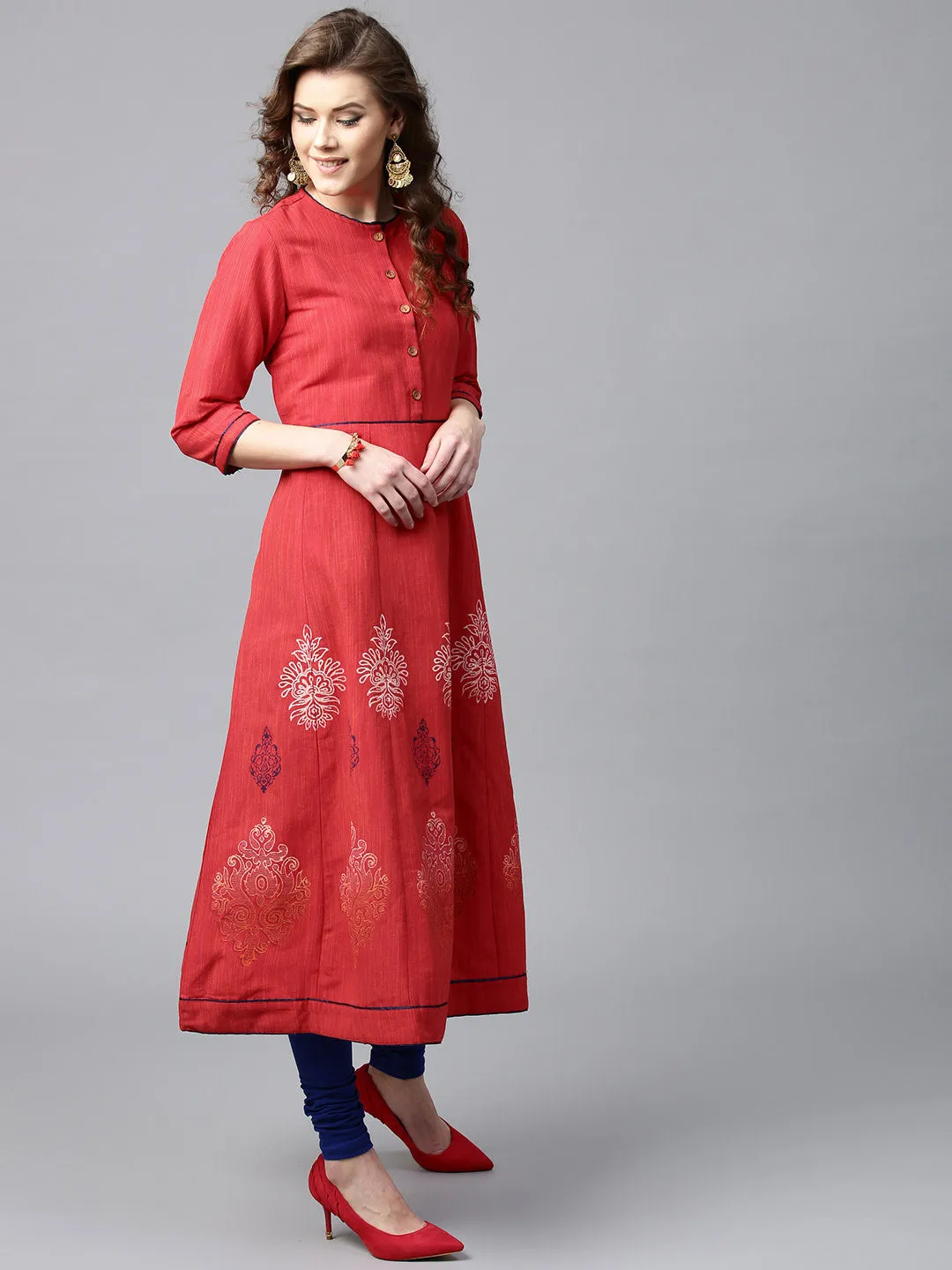 Women Red Printed A-Line Kurta