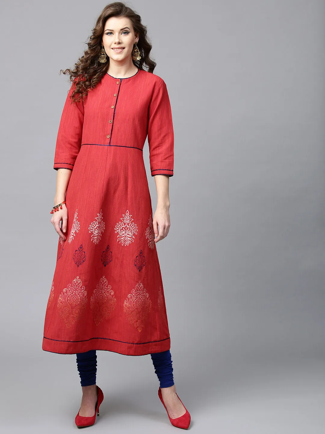 Women Red Printed A-Line Kurta