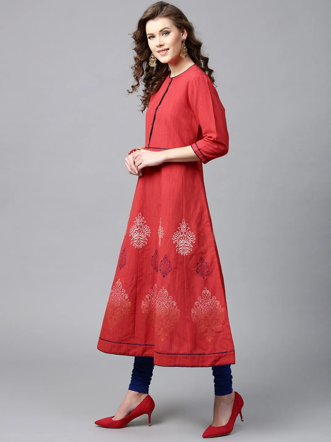 Women Red Printed A-Line Kurta